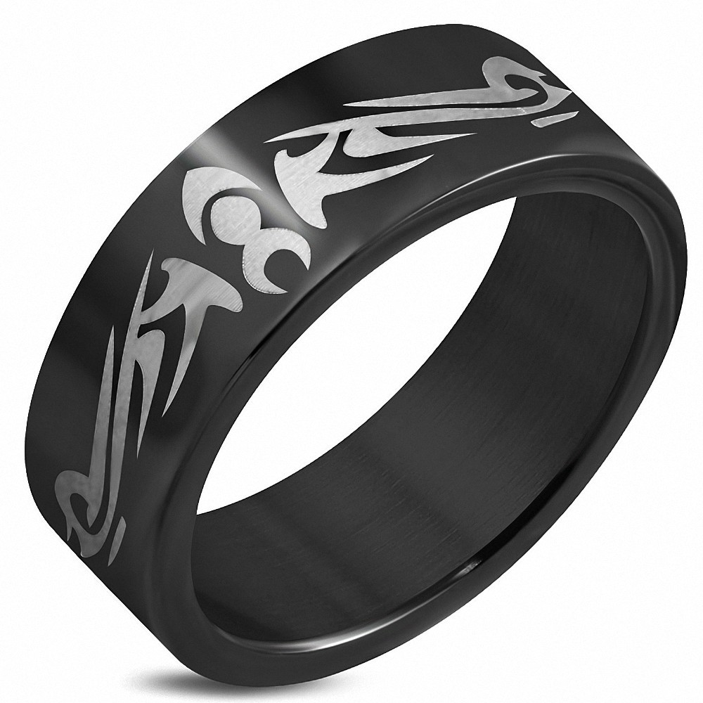 Bague homme acier noir tribale