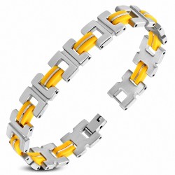 Bracelet homme acier mat et caoutchouc jaune foncé