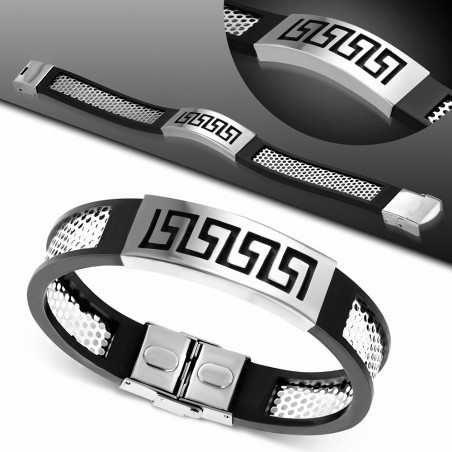 Bracelet homme acier et caoutchouc clef grecque