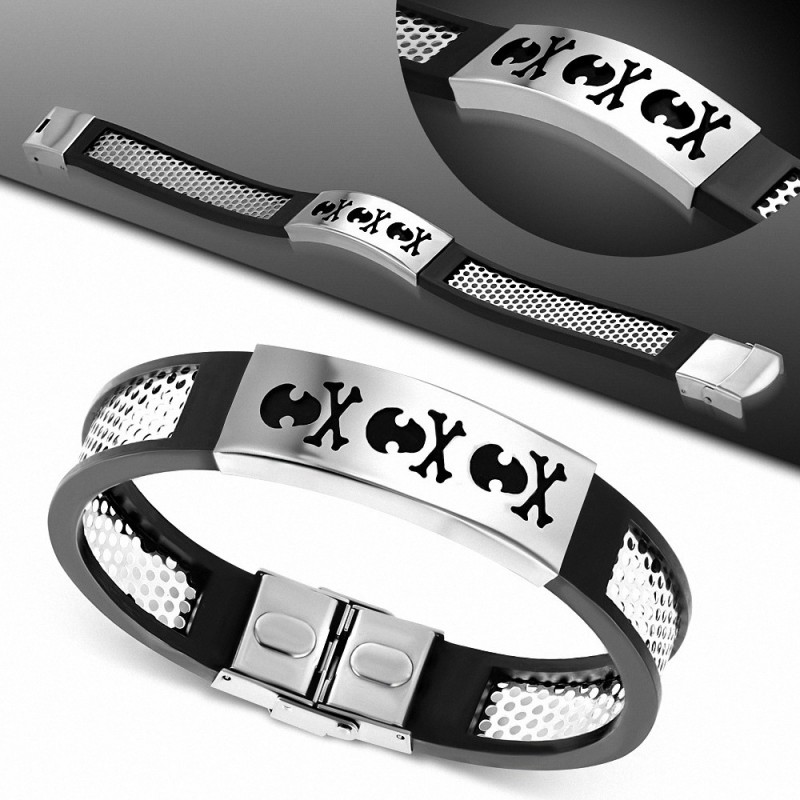 Bracelet homme acier et caoutchouc crânes de pirates