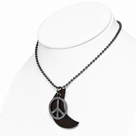 Collier homme militaire avec lune en cuir marron