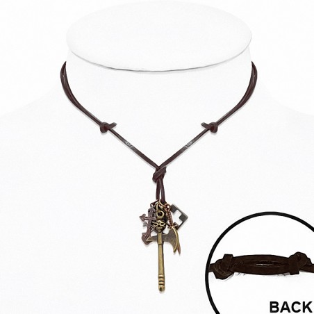 Collier homme cuir avec pendentif hache crane