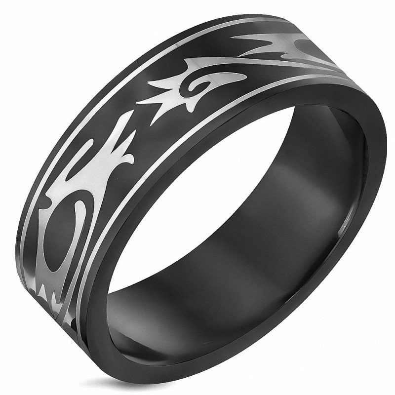 Bague homme acier noir symbole tribal deux tons