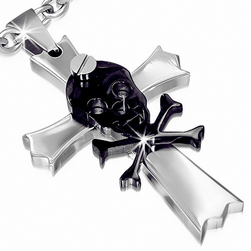 Pendentif homme croix fleur de lys crane de pirate noir