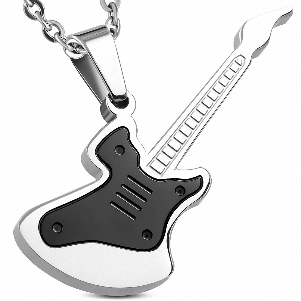 Pendentif homme guitare électrique argenté et noir