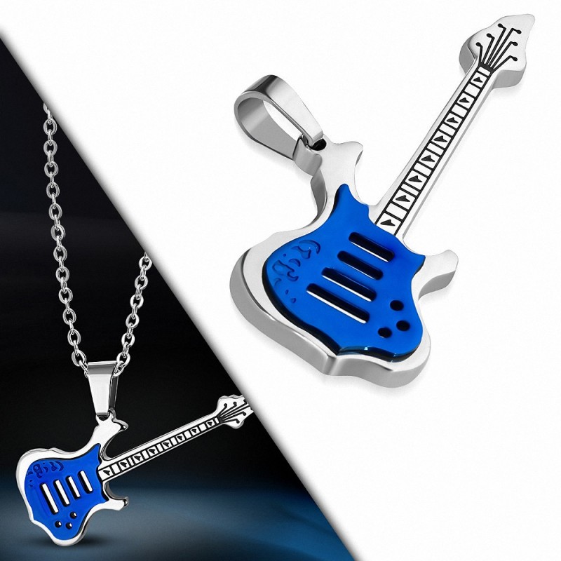 Pendentif homme guitare électrique argentée et bleue