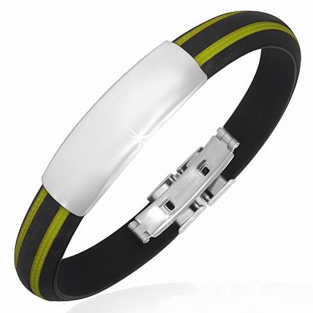 Bracelet homme caoutchouc noir et jaune avec plaque acier