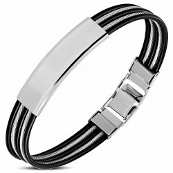 Bracelet homme plaque acier cables argentés et noirs