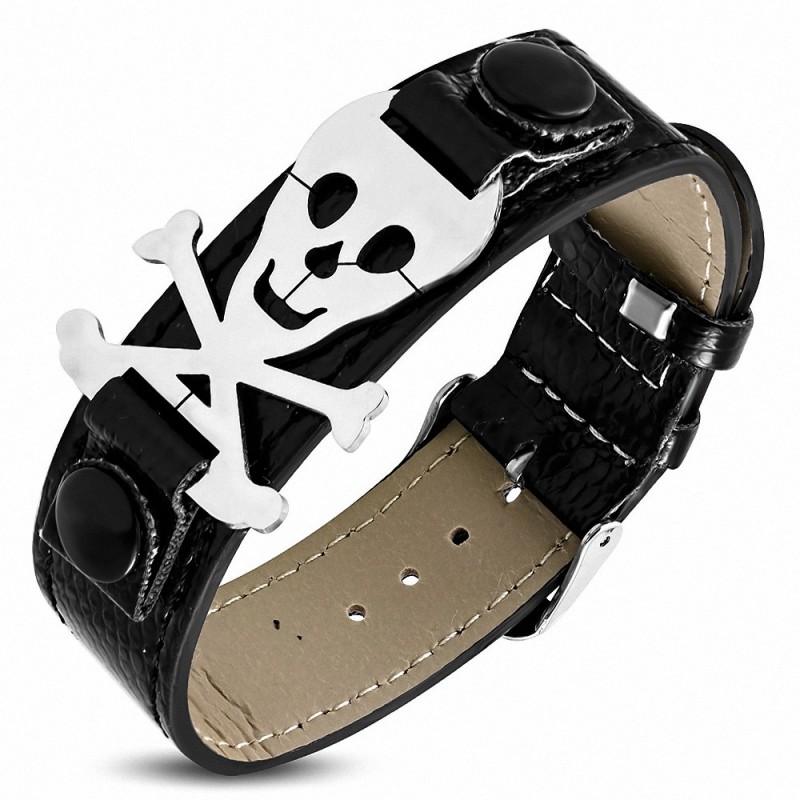 Bracelet homme ceinture similicuir noir crâne de pirate