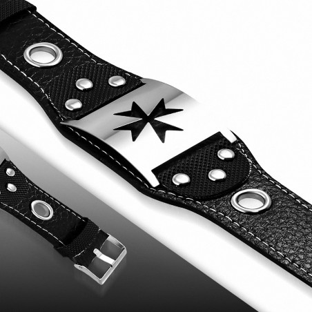 Bracelet homme similicuir noir ceinture croix maltaise