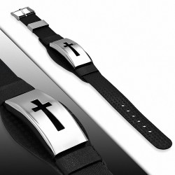 Bracelet homme caoutchouc noir avec plaque croix latine