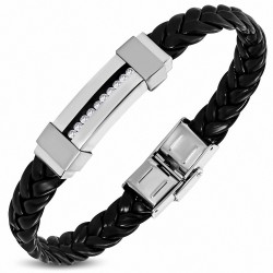 Bracelet homme cuir noir tressé plaque acier avec strass