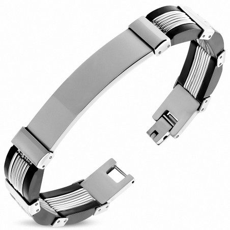 Bracelet homme acier inoxydable et caoutchouc noir plus plaque