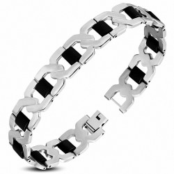 Bracelet homme acier maillons entrelacés caoutchouc noir