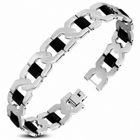 Bracelet homme acier maillons entrelacés caoutchouc noir