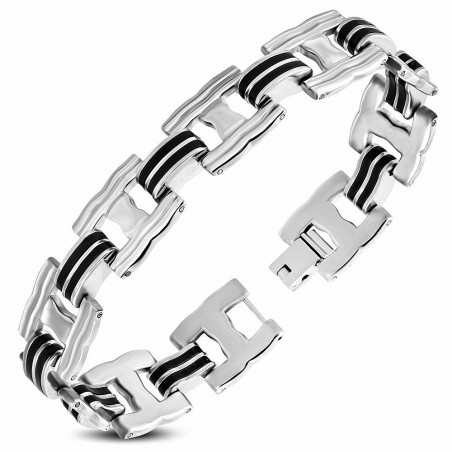 Bracelet homme acier argenté avec maillons caoutchouc noir