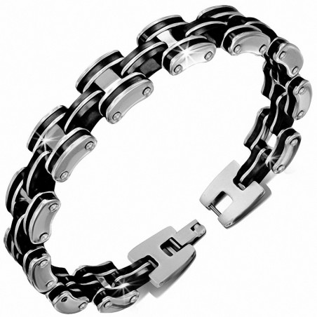 Bracelet homme acier argenté et caoutchouc noir