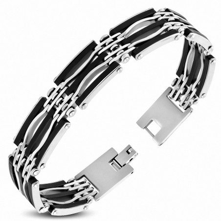 Bracelet homme acier et caoutchouc noir ondulé