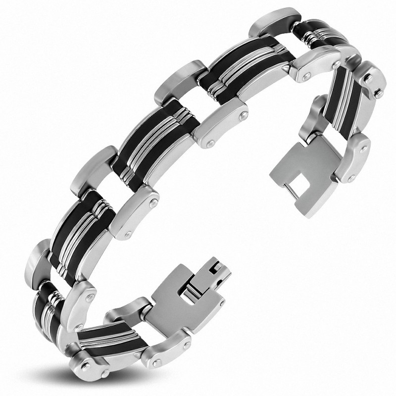 Bracelet pour hommes acier et caoutchouc noir liens panthère