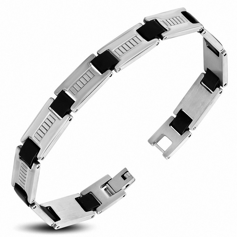 Bracelet homme acier et caoutchouc noir plaques rainurées