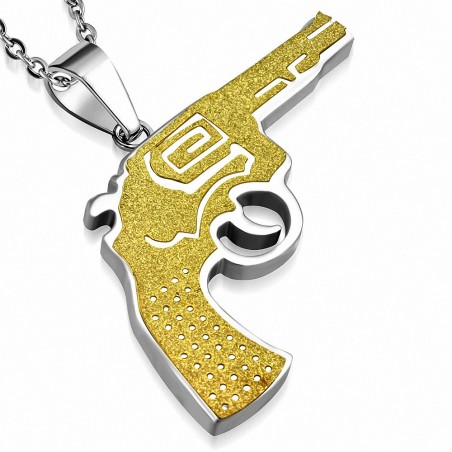 Pendentif homme revolver finition sablée dorée