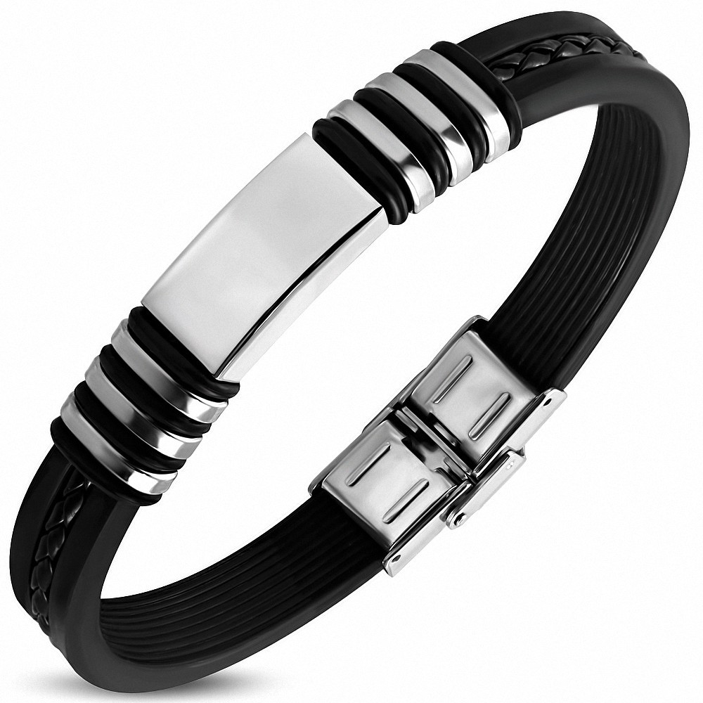 Bracelet homme caoutchouc noir avec plaque acier gravable