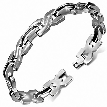 Bracelet pour hommes en acier avec caoutchouc noir et maillons en X