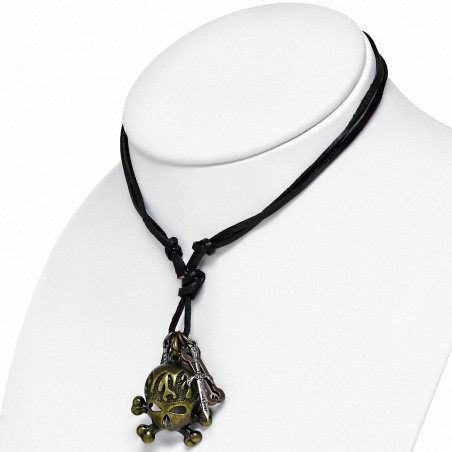 Collier homme cuir noir avec charms crâne de pirate couteau lame