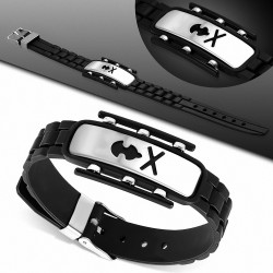 Bracelet homme caoutchouc noir plaque acier crâne pirate stylisé