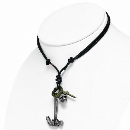 Collier homme cuir pendentif marteau et crane