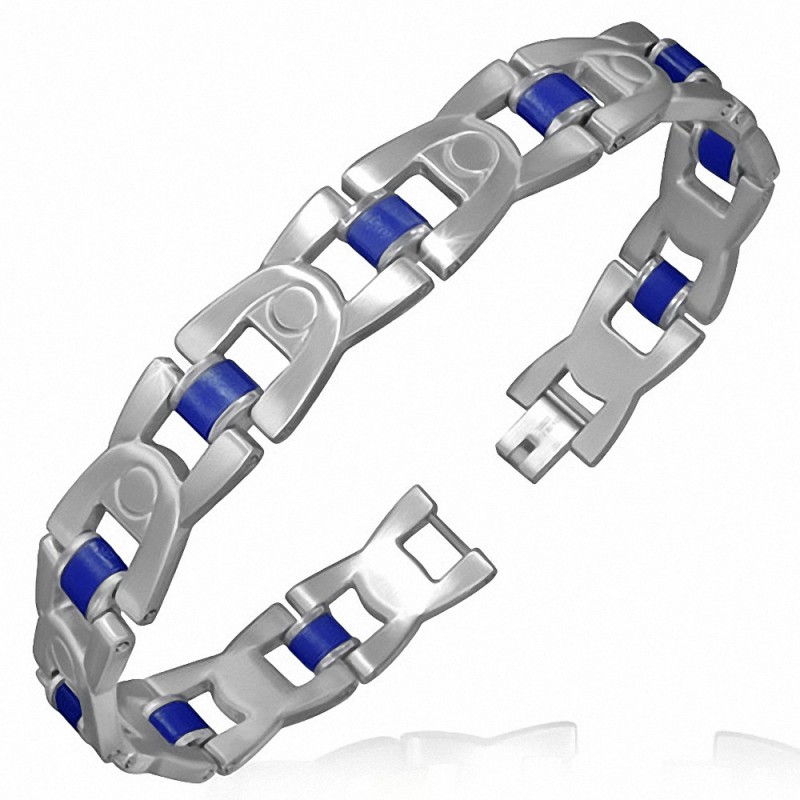 Bracelet homme maille H arrondie caoutchouc bleu